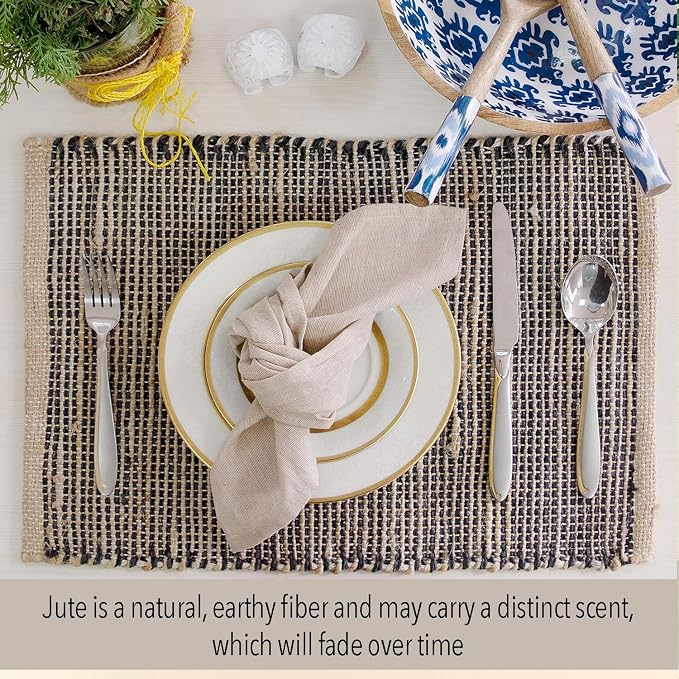 Chardin Home Natural Jute & Black Placemats, Set of 4 – Rustic Handmade Boho Table Mats, 13x19 Inch Dining Table Placemats for Kitchen, Everyday Meals, Holidays, Farmhouse or Modern Table Décor