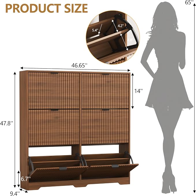 Shoe Cabinet Storage for Entryway with 6 Flip Drawers, Walnut Fluted Shoe Cabinet with Adjustable Shelves, Wooden Hidden Shoe Rack Freestanding Narrow Slim Shoes Storage for Hallway, Entrance