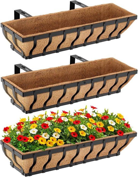 VOXOR Railing Planter Boxes, Heavy Duty Window Box Planters, Adjustable Balcony Planters for Railing Hanging, with Coco Liner for Deck, Porch, and Patio Gardening (3 Pack, 30 Inch)