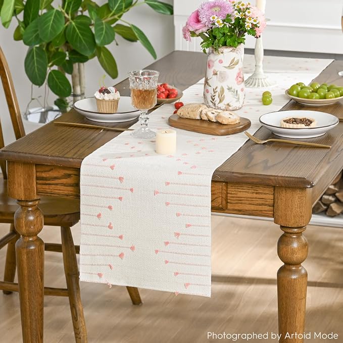 Artoid Mode Pink Boho Table Runner for Farmhouse Rustic，Seasonal Holiday Macrame Burlap Kitchen Dining Table Decoration for Home Party Decor 12x72 Inch