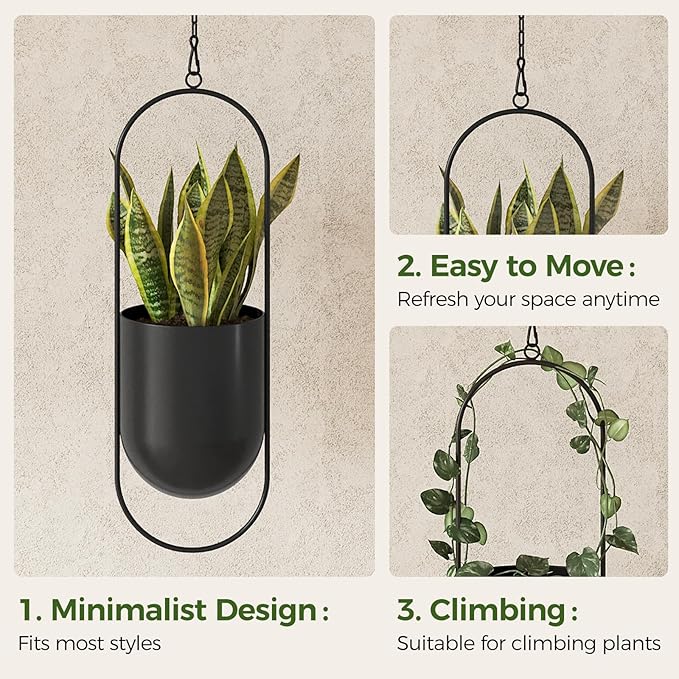 Bamworld Hanging Planters for Indoor Outdoor Plants Metal Hanging Pots for Plants 5.5 Inch Modern Hanging Baskets Window Plant Hanger Ceiling Hanging Flower Pots with Chain for Wall Decor (Black)