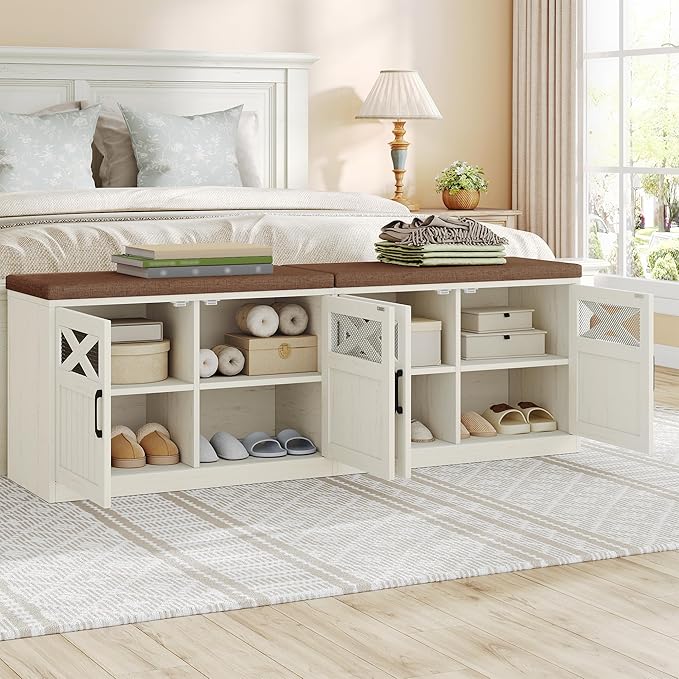 Hzuaneri 2 Tier Shoe Storage Bench with Doors, 59" Farmhouse Shoe Bench with Padded Cushion, 12-16 Pairs of Bed End Bench, Entryway Bench with Storage for Bedroom, Living Room,Rustic White SB61514KA