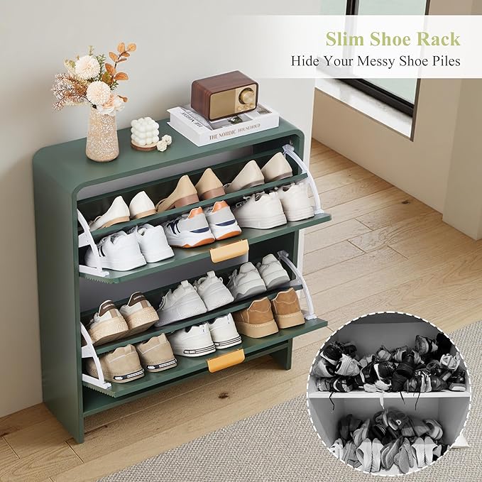 RARZOE Fluted Shoe Cabinet with 2 Flip Drawers, Narrow Curved Shoe Storage Cabinet for Entryway, Freestanding Wood Hidden Shoe Organizer Closed Shoe Rack Cabinet for Foyer, Hallway (29.5''Green)