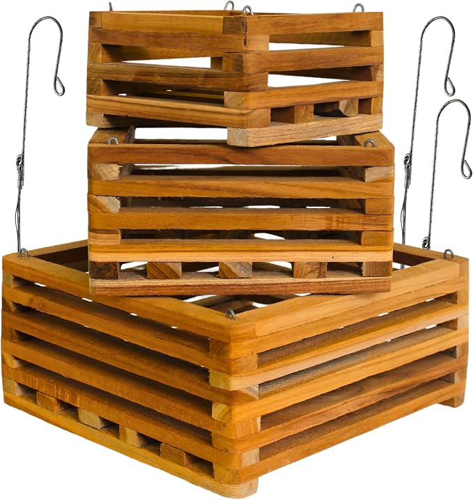 Set of 3 Strong Teak Wood Orchid Baskets for Outdoors with Hangers, 1 is 10 Inches Wide, 1 is 8 Inches, 1 is 6 Inches, for Orchids, Staghorn Ferns, Orchid Gifts