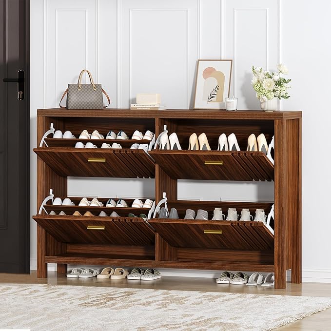 Shoe Storage Cabinet for Entryway with 4 Flip Drawers, 47.24" Narrow Fluted Shoe Organizer Cabinet, Slim Wooden Shoe Rack Cabinet, Freestanding Hidden Shoe Cabinet for Hallway, Entrance (Walnut)