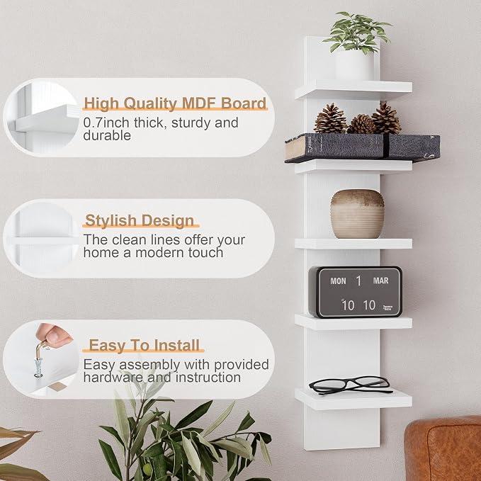 5 Tier Wall Shelf Unit, Decorative Wall Mount Vertical Shelving, Floating Storage Home Decor Organizer Tall Tower Design Utility Shelving Bedroom Living Room, Modern White 2Pack