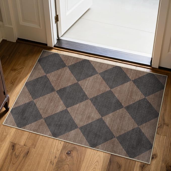 Beeiva Checkered Print 2x3 Samall Area Rugs for Entryway, Washable Stain Resistant Kitchen Rug Non Slip Ultra Thin 2x3 Bath Mat, Plaid Moroccan Alfombra for Bedroom Laundry Sink (Brown/Black)