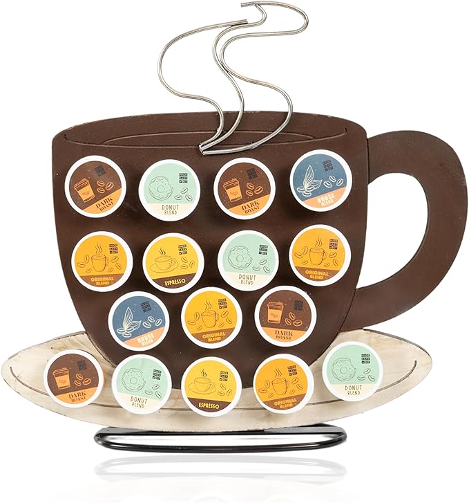 Made Easy Kit Front Facing Countertop Coffee Pods Holder - Compatible with K-Cups Practical meets Whimsical - Coffee Bar Decor for Home Café Kitchen Nook (Brown Coffee Cup)