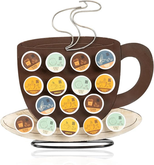 Made Easy Kit Front Facing Countertop Coffee Pods Holder - Compatible with K-Cups Practical meets Whimsical - Coffee Bar Decor for Home Café Kitchen Nook (Brown Coffee Cup)