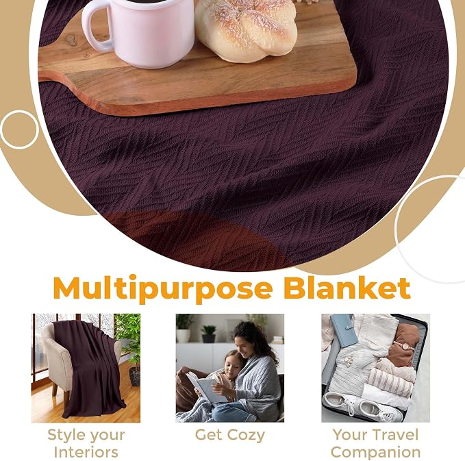 Superior Metro All-Season Cotton Blanket, Woven Blanket for Couch, Bed, Bedding, Farmhouse, Home Essentials, Cute and Cozy Bohemian Blankets, Herringbone Weave, Throw Size, Plum