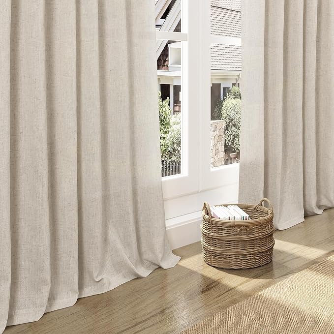 Boho Linen 144 Inch Curtains for Living Room Light Filtering Semi Sheer Curtain Back Tab Boho Eclectic Home Decor Elegant Farmhouse Drapes Floor to Ceiling High Window for Bedroom 52x144, 2 Panels