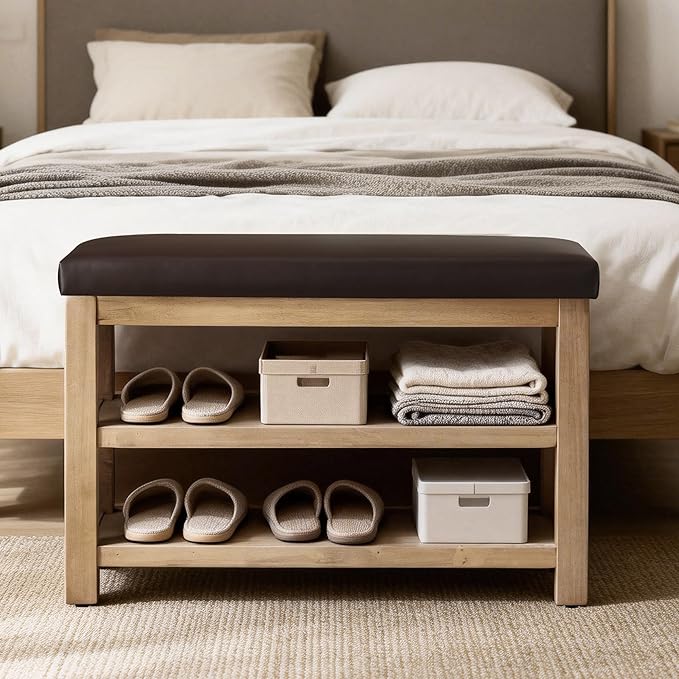 Zihanhome Shoe Rack Bench with Leather Cushion, 2 Tier Solid Wood Storage Bench, Mid-Century Modern Shoe Bench for Entryway, Hallway, Closet, Front Door Entrance, Foyer (Dark Brown, 31.5)