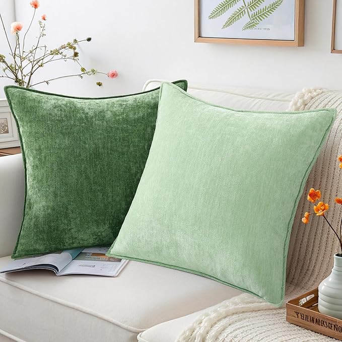 decorUhome Summer Couch Throw Pillow Covers 20x20 Set of 2, Decorative Soft Velvet Modern Cozy Chenille Pillow Cases with Elegant Design for Sofa Bed Living Room Home Decor, Sage Green