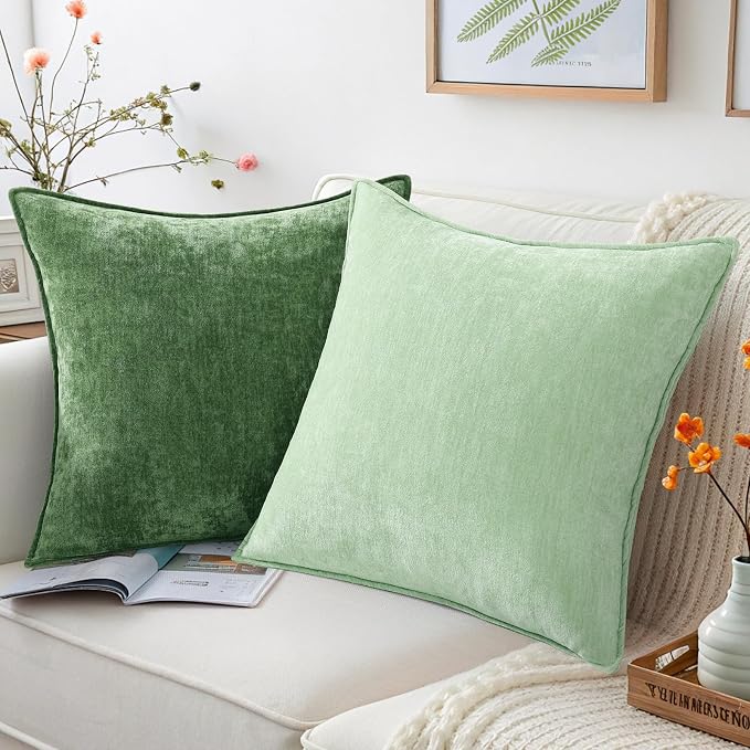 decorUhome Summer Couch Throw Pillow Covers 16x16 Set of 2, Decorative Soft Velvet Modern Cozy Chenille Pillow Cases with Elegant Design for Sofa Bed Living Room Home Decor, Sage Green