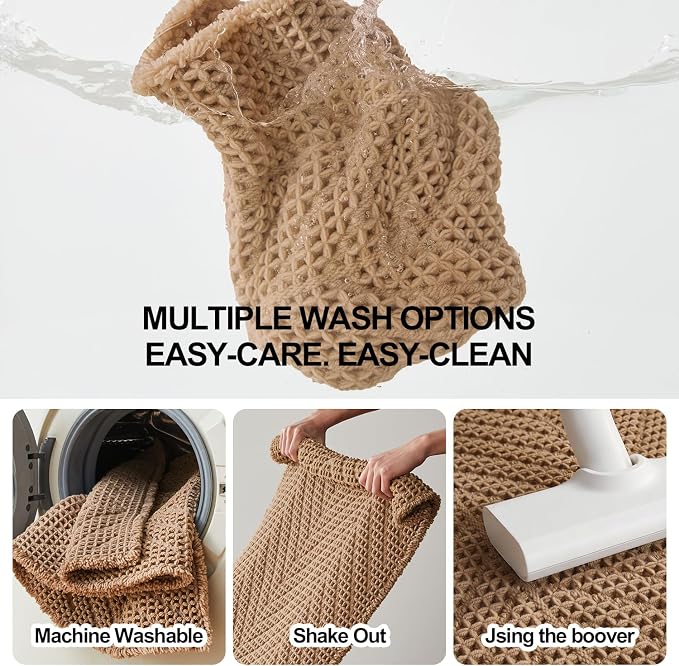 Sunfly Boho Bathroom Rug, Herringbone Waffle Bath Mat Non-Slip Washable Super Absorbent Quick Dry, Small Farmhouse Bath Mat for Bathroom Floor Decor 16"*24" Khaki