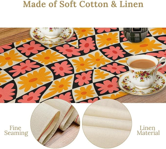 Retro Floral Checkered Table Runner 60s 70s Vintage Flower Twisted Colorful Groovy Trendy Hippie Grid Farmhouse Country Dinner Runner for Home Kitchen Dining Table Party Holiday Decor 13"x120"
