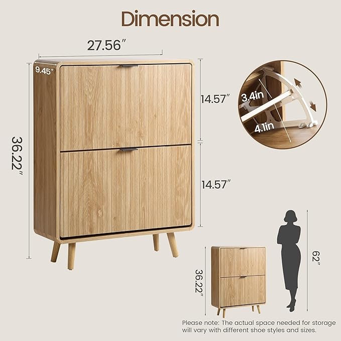 FurSch Fluted Shoe Storage Cabinet with 2 Flip Drawers, Narrow Shoe Rack Cabinet Organizer with Adjustable & Removable Shelves for Entryway (All Natural, 2 Drawers)