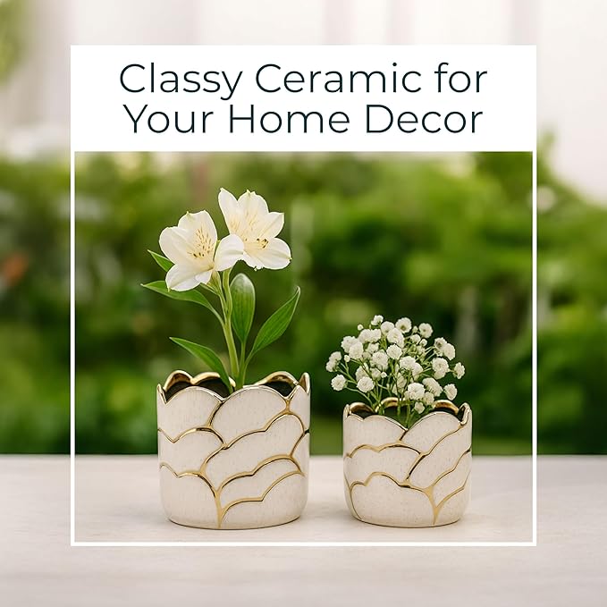 Modern Decorative Home Decor Planters for Flower Pots - Ideal for Indoor and Outdoor Plants for House Decor - Plant Pots for Garden Accent or Plant Stand Indoor - Set of 2, 7", 5", Ivory & Gold