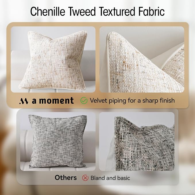 a moment Beige Reversible Pillow Covers 2 Pack - Farmhouse Chenille Velvet Throw Pillows, Neutral Textured Decorative Throw Pillow Covers with Border for Couch Sofa Bed (24x24 Inch, No Insert)