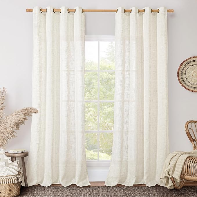 LAMIT Cream Linen Sheer Curtains 84 inch for Living Room, Linen Textured Light Filtering Drapes Bronze Grommet Boho Panels for Farmhouse/Living Room, 2 Panels, 52 x 84 Inch