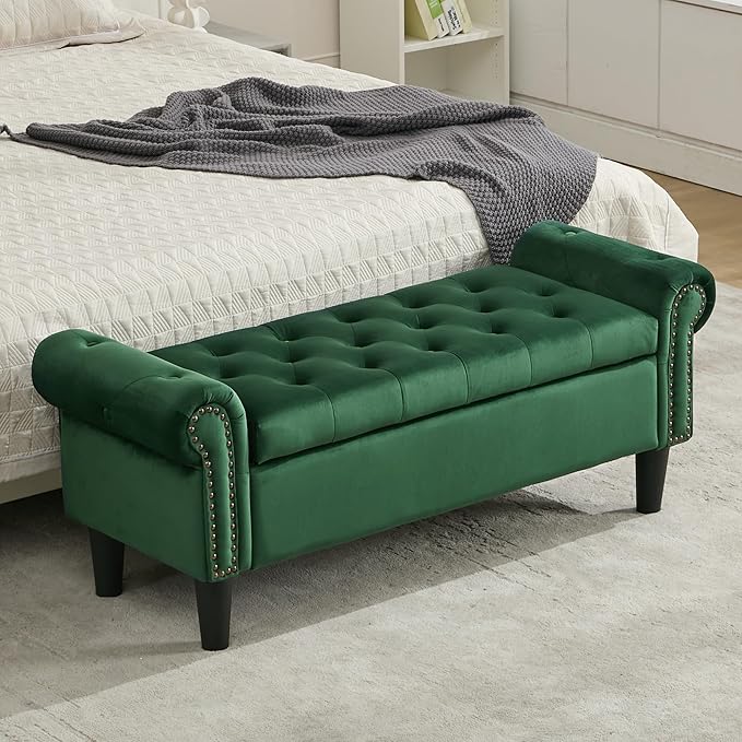 SOFTHION Storage Bench, 50" Queen End of Bed Bench, Velvet Tufted Button Upholstered Bedroom Bench, Storage Ottoman with Rolled Arms, Window Bench with Storage, for Living Room, Entryway Green
