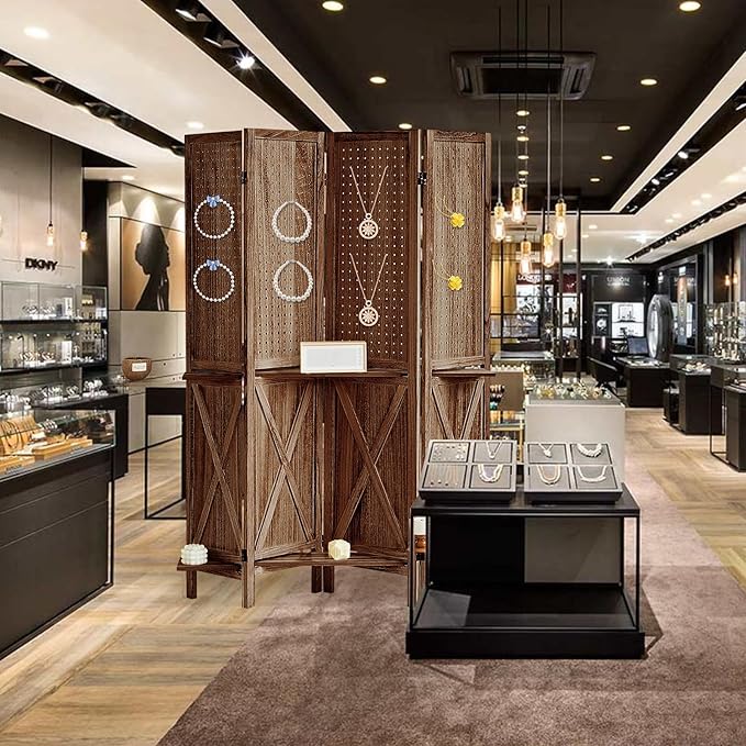 4 Panel Pegboard Display with 16 Hooks, Wooden Pegboard Room Divider Wall with Shelf, Partition Room Dividers and Folding Privacy Screens, Bedroom, Jewelry Store, Brown