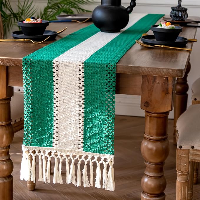 EMMTEEY Boho Table Runner with Tassels- Scratch & Heat Resistant, 94 Inches Long Table Runner Cotton Linen Macrame Handmade for Dining Table/Wedding Décor (12"X94", Green White)