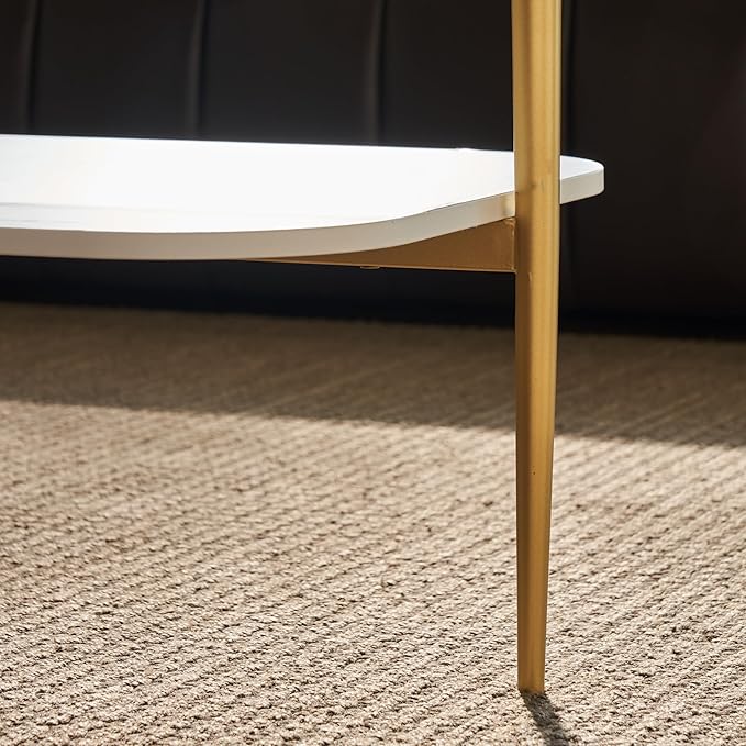 Shrine Oval Coffee Table, Mid-Century Modern Design, 2-Tier Structure, Clear Glass Top and White MDF Shelf, 41" D x 21" W x 17" H, Sleek Conical Metal Legs with Gold Finish