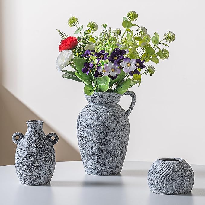 Stone Vase Home Table Decor, Black Ceramic Modern Rustic Farmhouse Vase Set of 3 Centerpiece for Shelf Bedroom Bathroom Desk