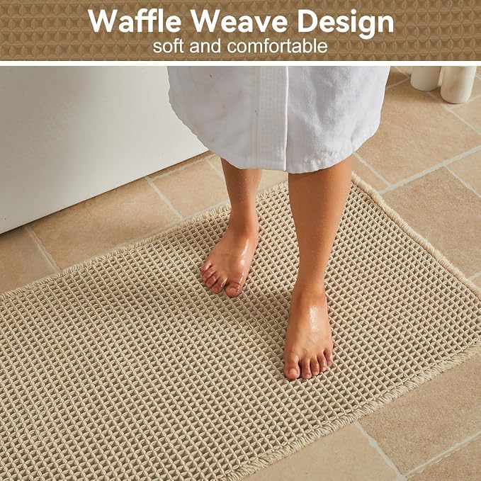 Triohero Waffle Bath Mat, Boho Bathroom Rugs Non Slip Washable, Ultra Soft Super Absorbent Quick Dry Farmhouse Bathroom Decor, 20" x 30", Pale Beige