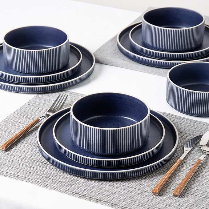 Dinnerware Set Service for 6, 18-Piece Ceramic Plates and Bowls Set, Chip & Scratch Resistant, Microwave and Dishwasher Safe, Modern Minimalist Tableware for Everyday Use, Matte Blue