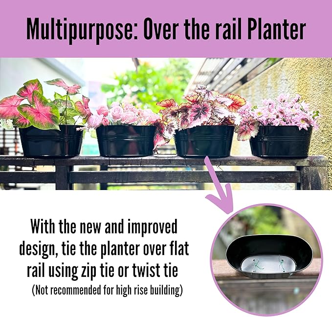 LaLaGreen Outdoor Plants Rail Planter (16 Inch, 6 Pack) Black Metal Iron Hanging Flower Pots Deck Railings Fence Buckets Modern Boho Style Wall Mount Window Boxes Plant Holder Hooks Porch Home Decor