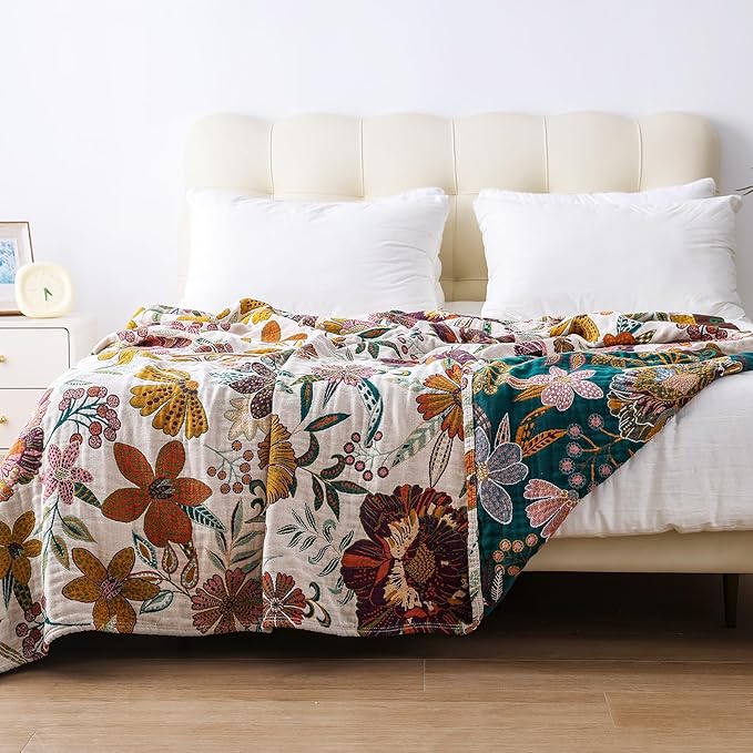 VANJOROY Boho Throw Blanket for Bed, 100% Cotton Muslin Soft Twin Throw-Floral Farmhouse Rustic Decor Blanket for Couch Sofa Quilt and Gift, 60" x 80"-BeigeWhite