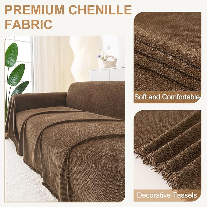 Smiry Couch Cover for Dogs, Washable Chenille Sofa Covers for 3 Cushion Couch, Soft Sofa Slipcover for Pets, Thick Sectional Furniture Protector with Tassels (Chocolate, 71x150 Inch)