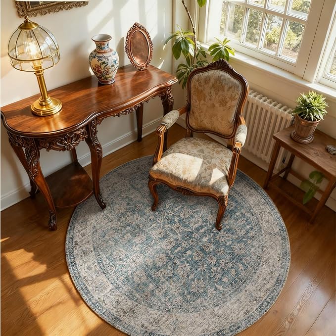 4x4 Round Living Room Rug: Washable Bedroom Rug Stain Resistant Boho Rug Non Slip Low Pile Small Carpet for Bedroom Kitchen Entryway Living Room Bedside Office Dorm Kids Room Entrance