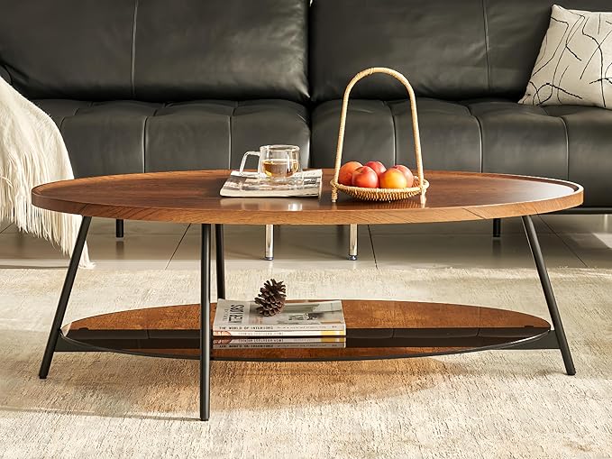 Shrine Glass Coffee Table, Black Walnut Table for Living Room, Glass and Wood Table, 43.3" D x 21.6" W x 15.7" H, Brown Glass Base, Walnut Wood Top&Black Metal Frame