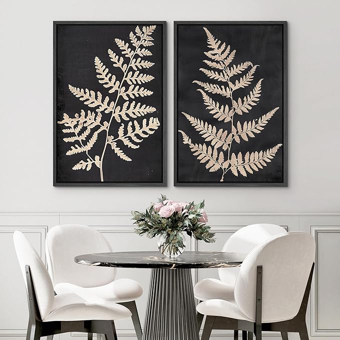 SIGNWIN Framed Canvas Print Wall Art Vintage Fern Leaf Silhouettes Natural Botanical Rustic Illustrations Modern Art Decorative Contemporary for Living Room, Bedroom, Office - 16"x24"x2 Black