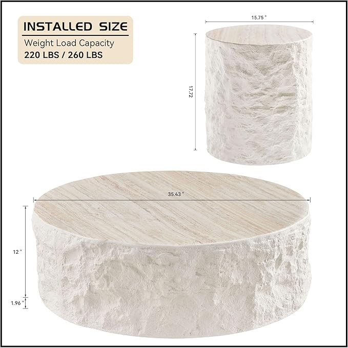 Round Coffee Table Set of 2 for Living Room Modern Drum Center Table Circle Side Tables for Apartment, No Need Assembly (Fiberglass 35.43'' &15.75'' Cement Stone Pattern)