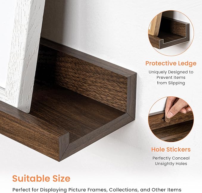 RICHFOCUS Picture Ledge Shelf, 24 inch Floating Shelves Set of 2, Wood Wall Shelves with Lip, Wall Decor Storage for Bedroom Living Room Bathroom Kitchen Nursery Photo Picture, Walnut