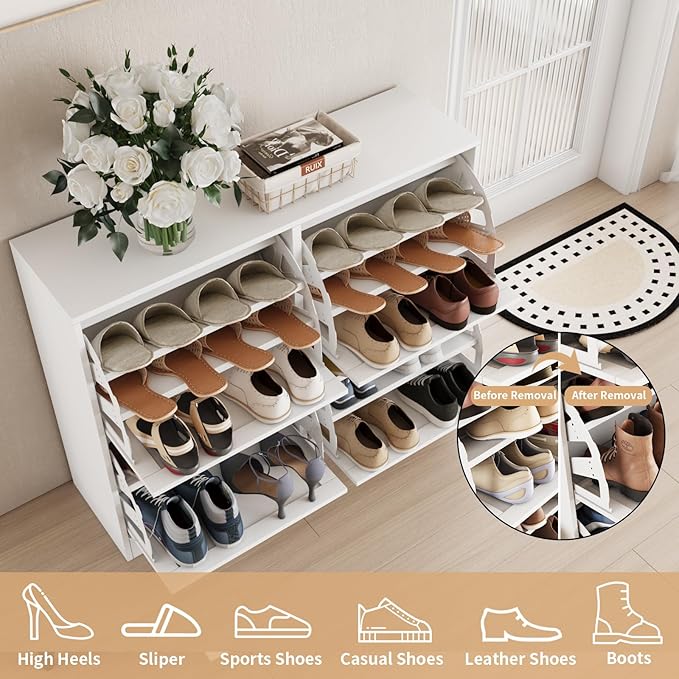 VOWNER Shoe Cabinet with 2 Flip Drawers, Shoe Storage Cabinet with 3-Tier Shoe Rack & Adjustable Shelves, Shoe Organizer for Entryway, Hallway, White