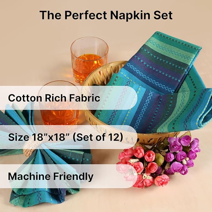 LFH Home Cotton Rich Cloth Salsa Napkin Set of 6 Washable Soft Durable Striped Table Napkins for Dining Wedding, Daily Use Reusable Eco-Friendly Napkins for Elegant Table Settings(18x18)-Teal