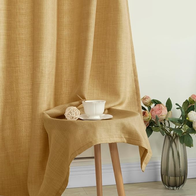 LAMIT Linen Curtains 90 Inch for Bedroom, Grommet Thick Linen Textured Sheer Curtains Light Filtering Privacy Burlap Drapes for Living Room, Set of 2 Panels, 52 x 90 Inch, Caramel Brown