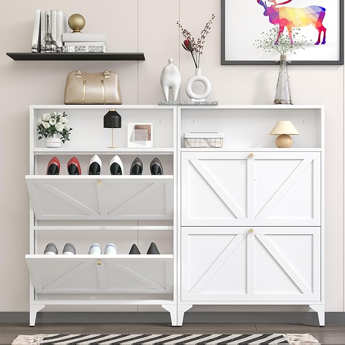 Shoe Storage Cabinet for Entryway with 2 Flip Drawers, Freestanding Shoe Organizer with Legs,Farmhouse Narrow Shoe Storage Cabinet for Entryway, Foyer,Living Room (2-Drawers, White)