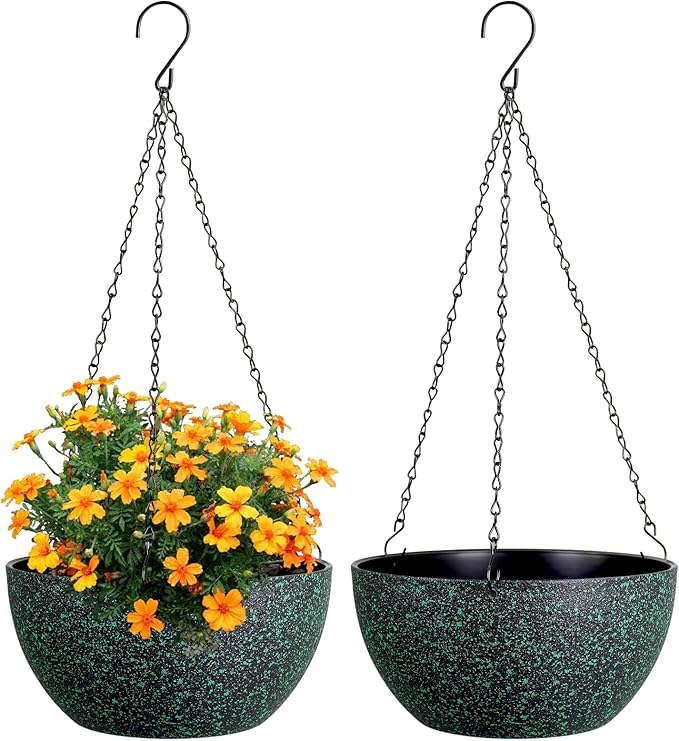 Meowell 8 inch Small Hanging Planters for Indoor Outdoor Plants, 2 Pack Hanging Flower Pots with Drainage Holes and Chain, Plastic Hanging Baskets for House Plants, Black with Green Speckles
