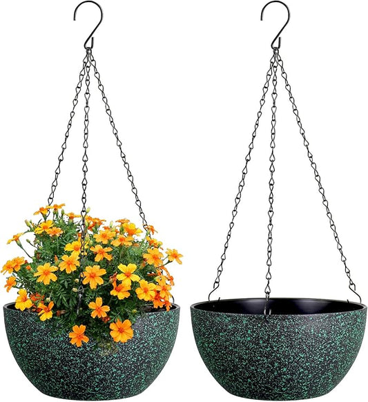 Meowell 8 inch Small Hanging Planters for Indoor Outdoor Plants, 2 Pack Hanging Flower Pots with Drainage Holes and Chain, Plastic Hanging Baskets for House Plants, Black with Green Speckles
