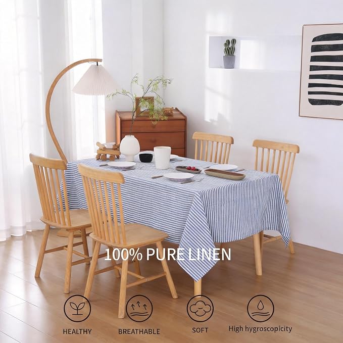 100% French Flax Linen Tablecloths Rectangle 84Lx60W Inch for Dinners, Parties, Easter, Halloween, Camping, Stone Washed, Textured, Machine Washable, 6-8 Sets (60''x84'', Blue Stripe)