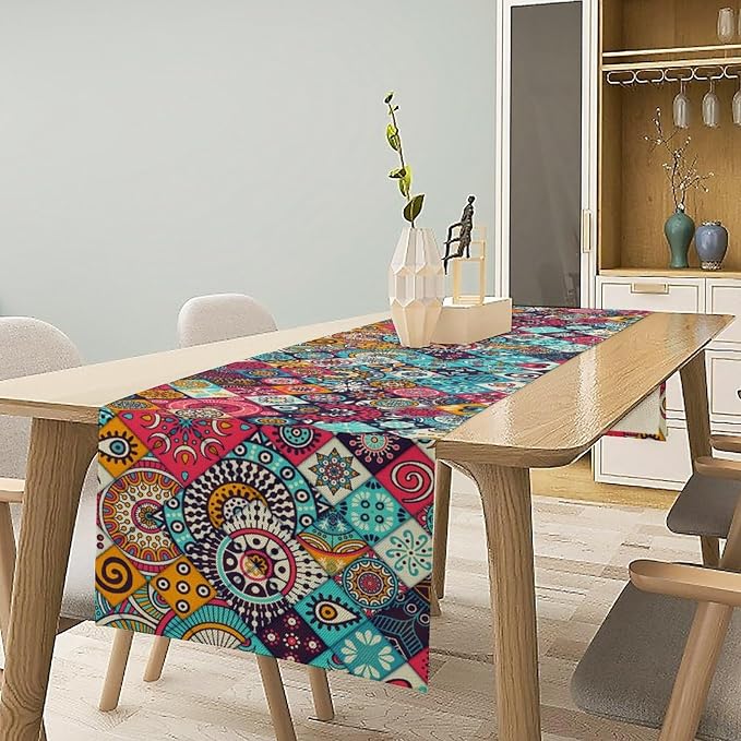 Boho Bohemian Table Runner Colorful Abstract Mid Century Geometric Table Ruuner Decoration for Kitchen Dining Room 13x36in