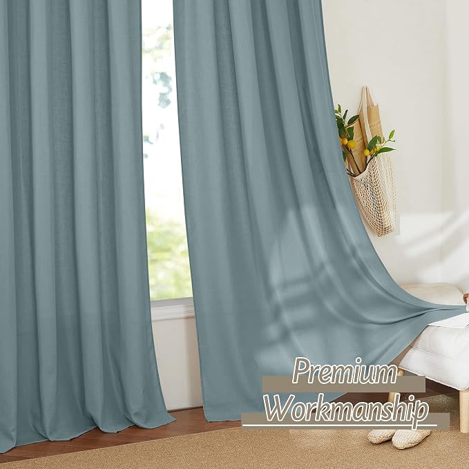 RYB HOME Linen Sheer Curtains 2 Panels for Living Room, Semi Transparent Privacy Drapes with Rod Pocket Farmhouse Style Window Treatments for Bedroom， Stone Blue， 52" W x 90" L