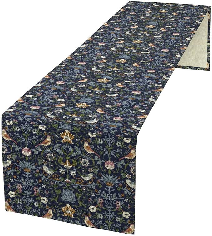 William Morris Vintage Flower Table Runner, Beautiful Vintage Boho Floral Tree Plant Birds Pattern Dinner Runner for Home Kitchen Dining Table 13x120 Inch