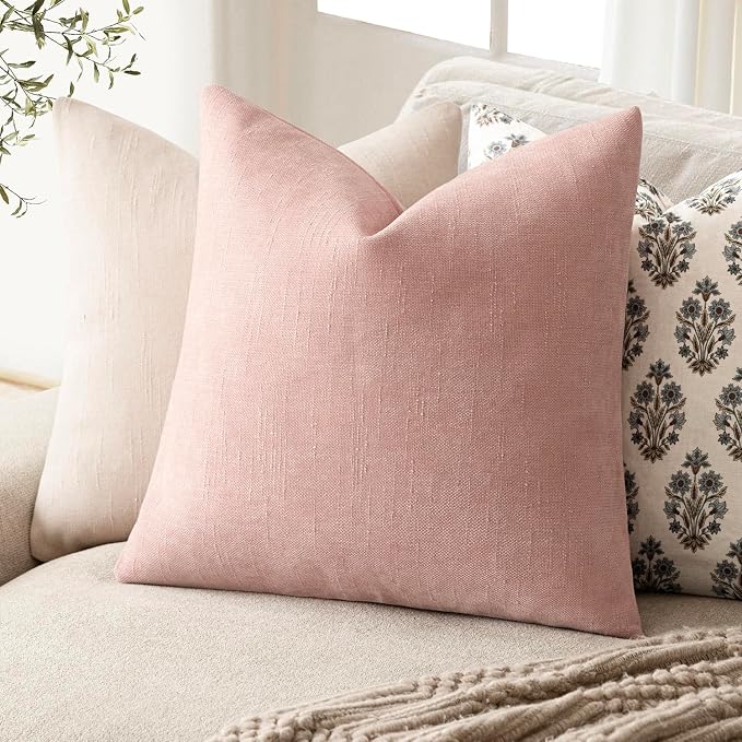 Foindtower Pack of 2 Soft Textured Chenille Throw Decorative Pillow Covers Square Accent Solid Cushion Cover Cozy Neutral Farmhouse Pillow Case for Couch Sofa Bedroom Living Room 24x24 Inch,Light Pink